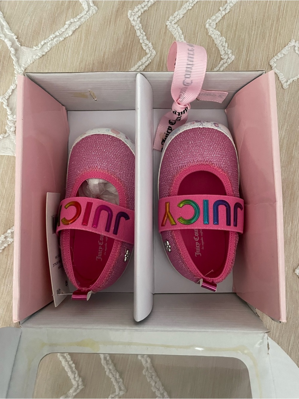 Juicy Couture Pink Glitter Mary Jane with‎ Rainbow Logo Strap